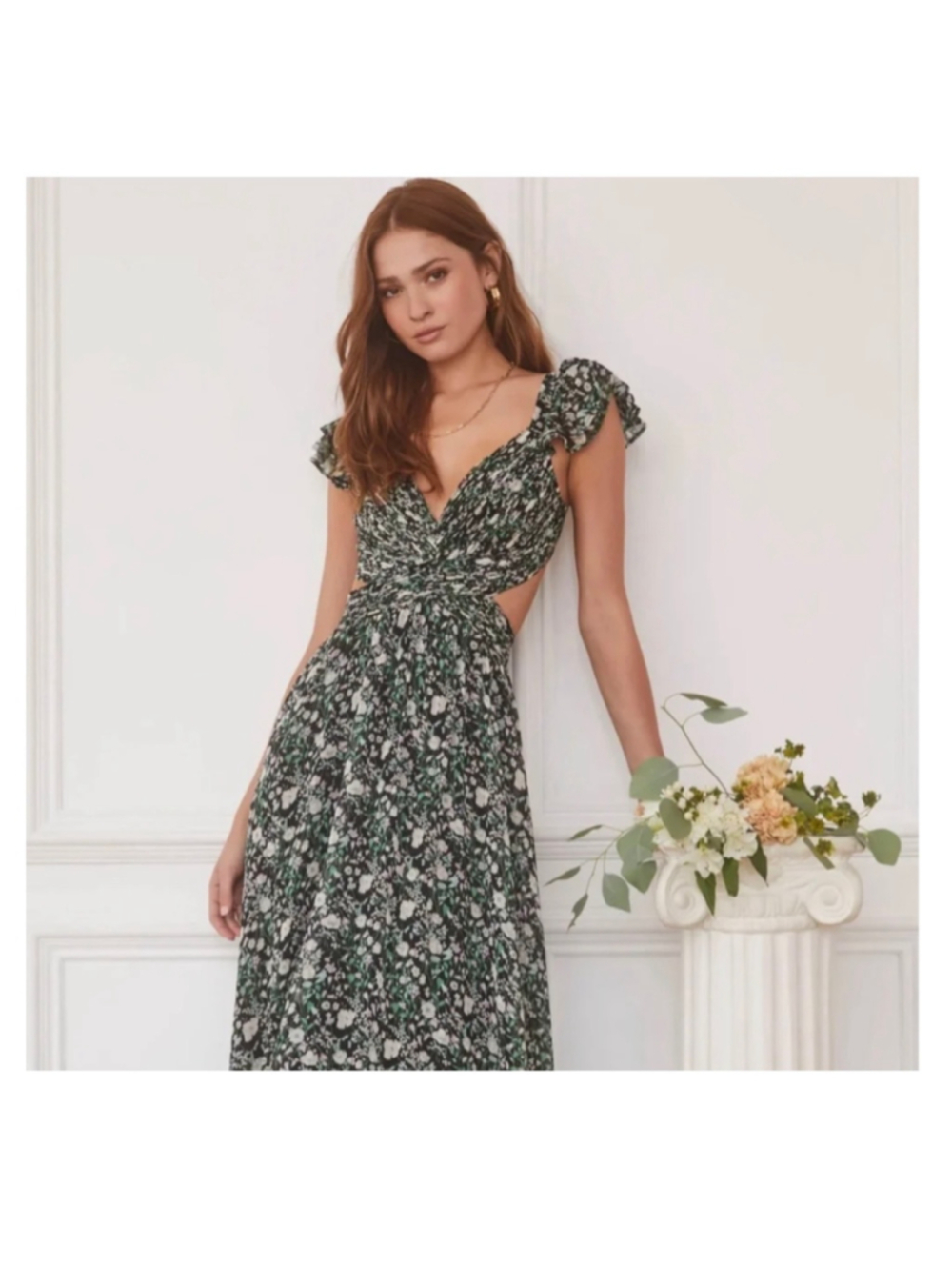 Women's Floral Maxi Dress with Lace-Up Back, Black and Green - Picture 2 of 9
